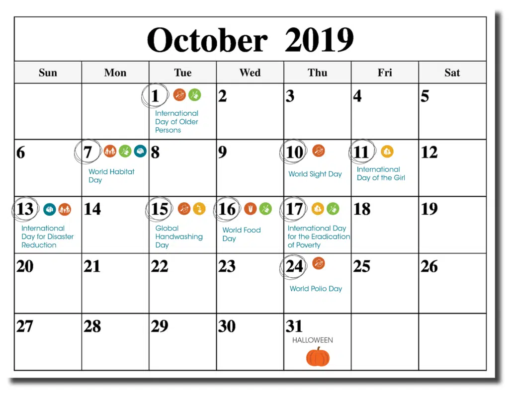 October calendar with observance days
