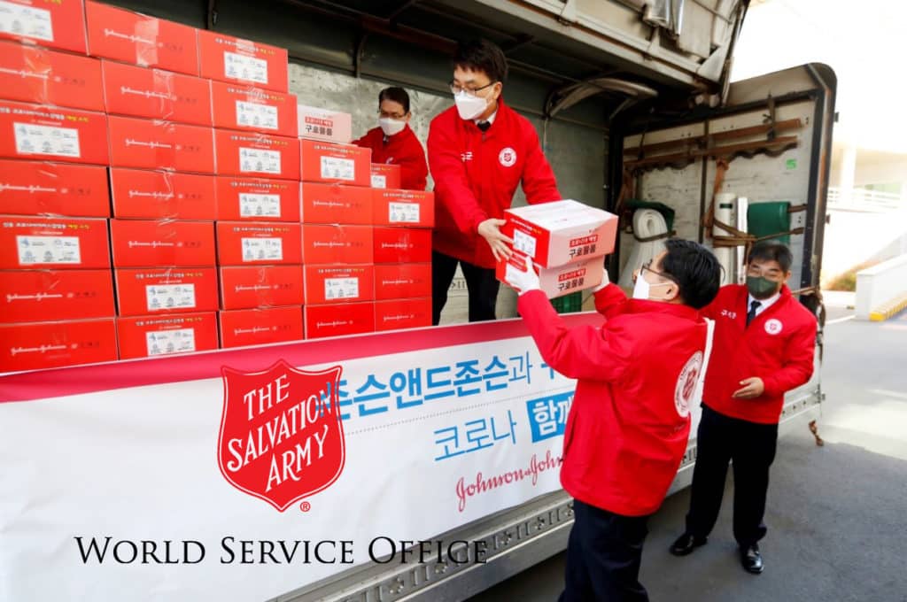 The Salvation Army World Service workers handle a shipment of medical goods in South Korea.