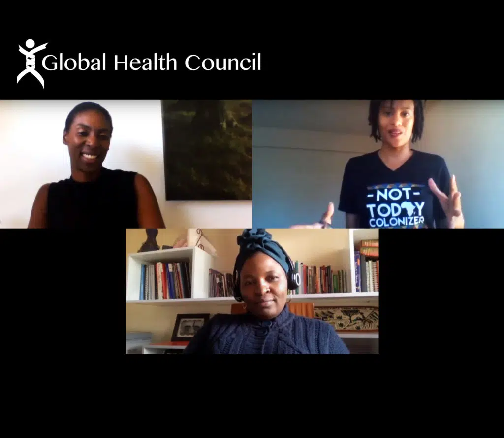 Loyce Pace, Angela Nguku and Kadi Toure during a video call for Black Voices in Global Health.