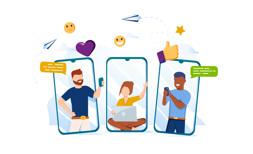 Icon of three people using cell phones and laptops to communicate.