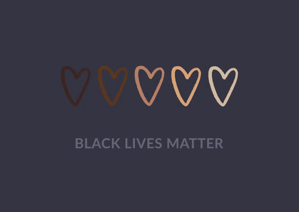 Graphic of 5 hearts in skin tones from white to black. Below reads BLACK LIVES MATTER.