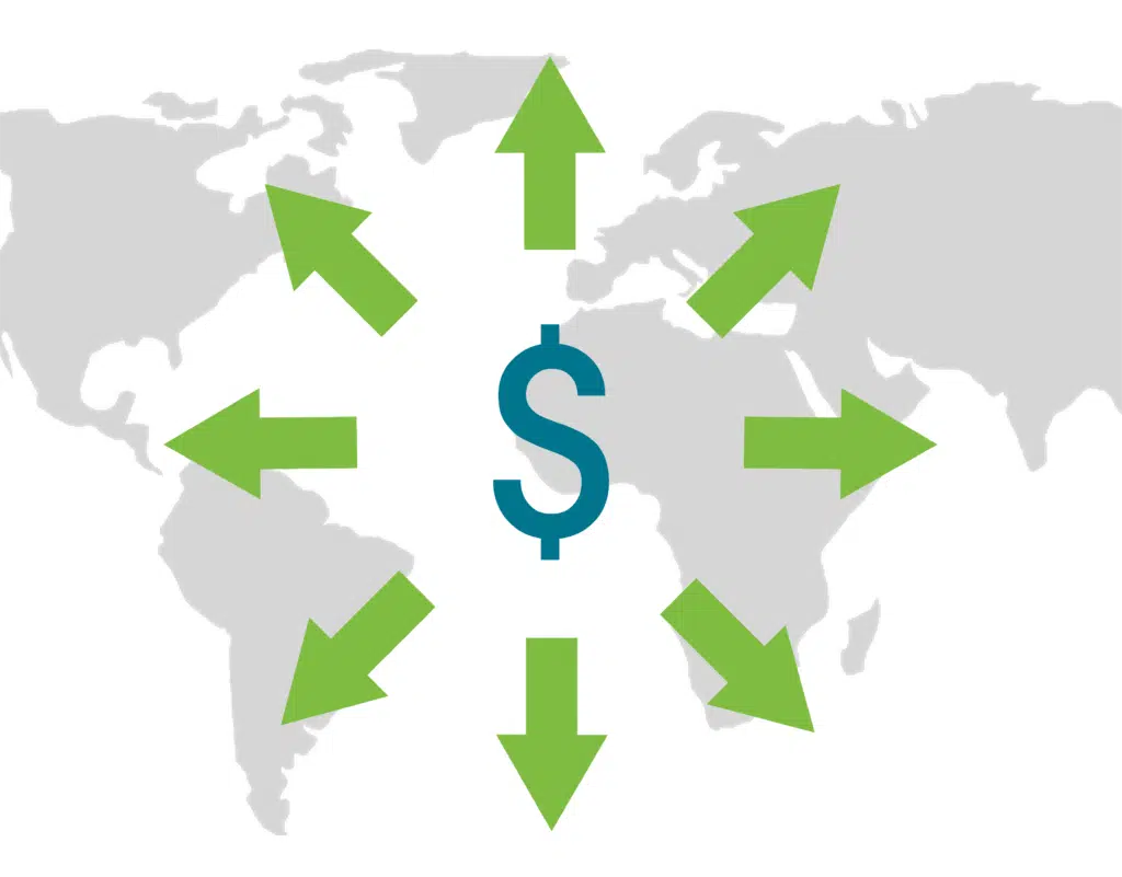 A blue dollar sign with a circle of eight green arrows pointing away from it on top of a grey world map.