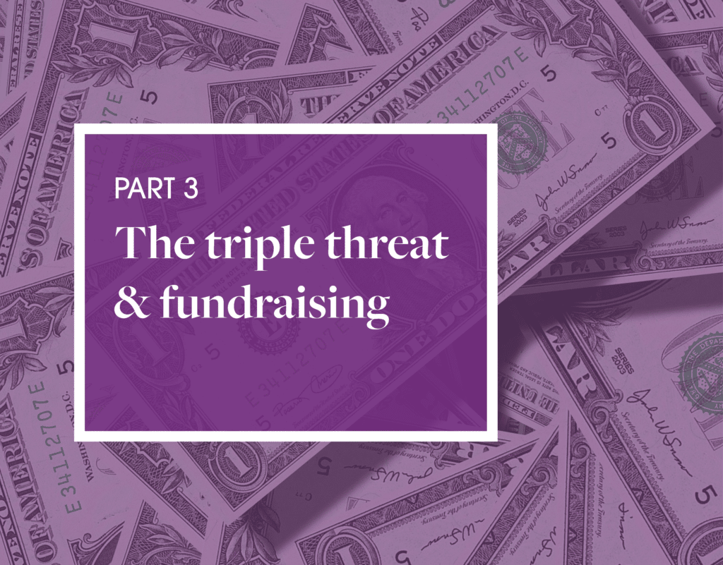 A stack of U.S. dollars overlaid in purple. PART 3 The triple threat & year-end fundraising