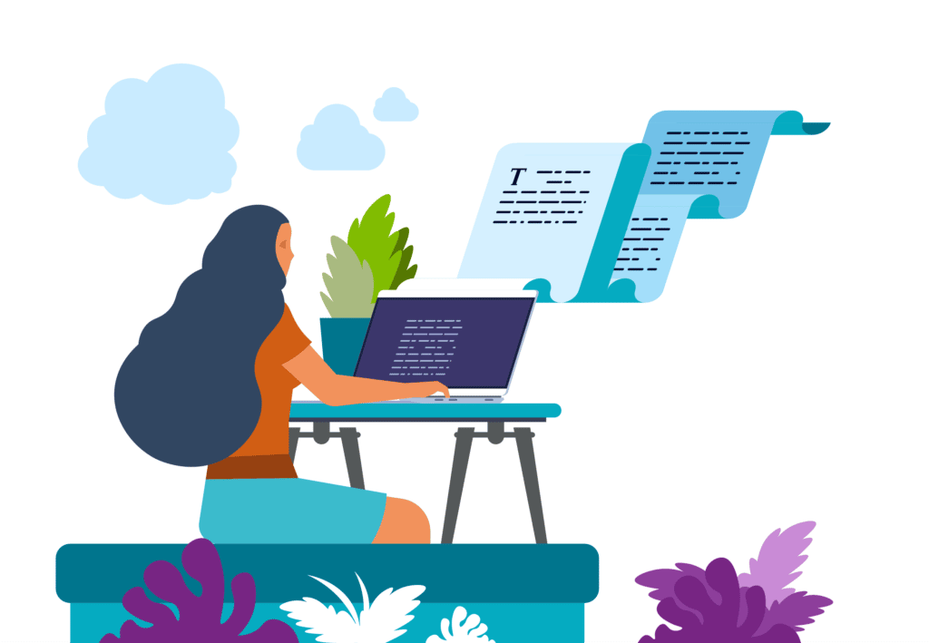 Graphic of a woman working on a laptop surrounded by plants, with a script coming out of the screen.