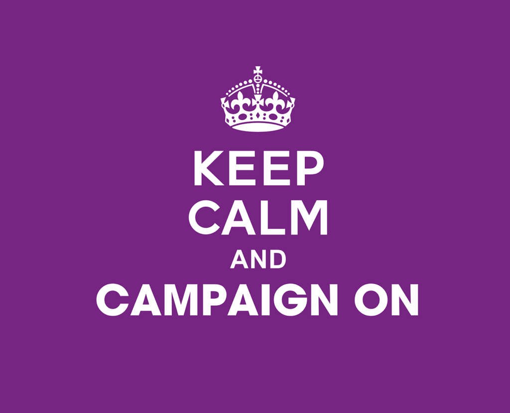 Crown icon on purple background. Keep calm and campaign on.