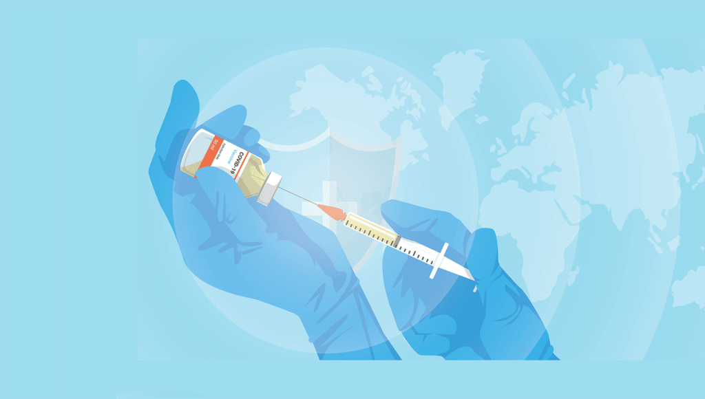 Blue graphic of two hands preparing a COVID-19 vaccine with a world map behind them.