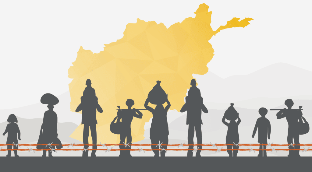 silhouette of refugees with map of Afghanistan