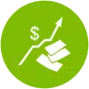 Dollar sign above a jagged, upward arrow above three sheets of paper
