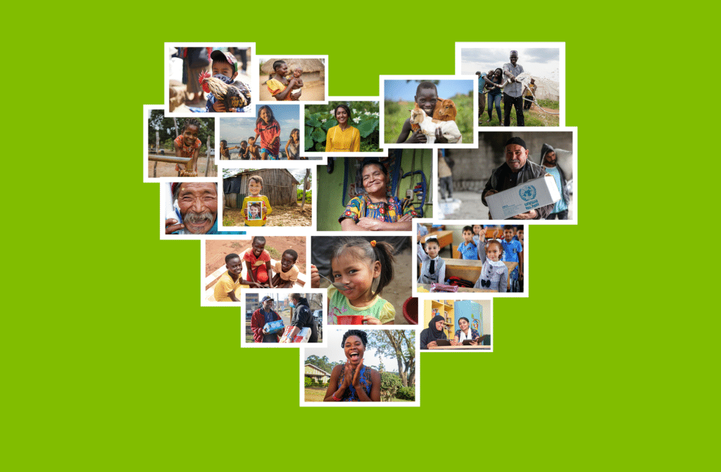 Charity photos in the shape of a heart with a green background