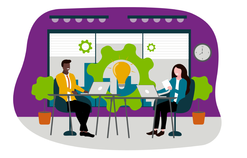 two people in an office and a light bulb in the middle