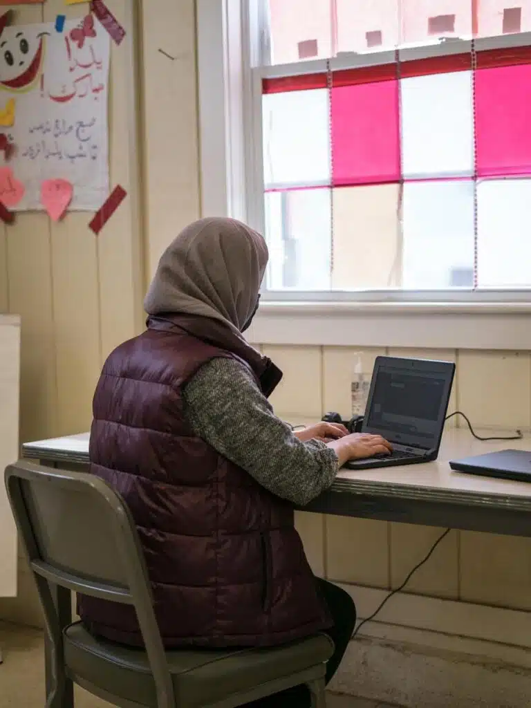 Sophia, a young Afghan refugee, sitting at her desk and using her computer.