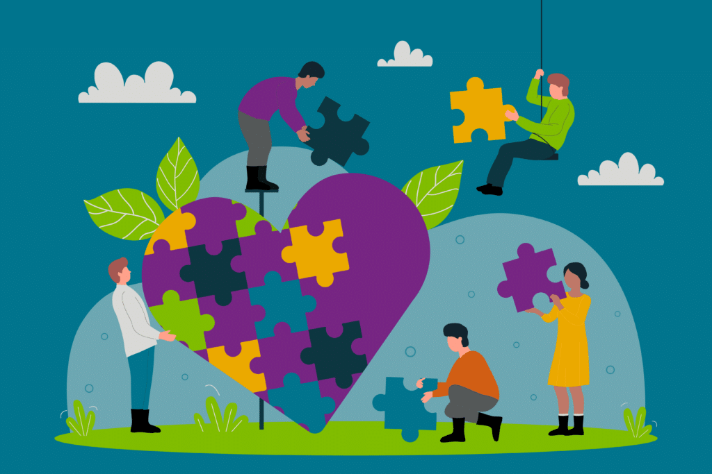 Cartoon people putting together puzzle pieces in the shape of a heart