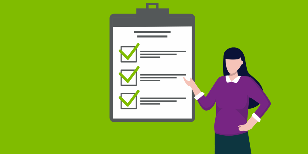 A woman pointing to a checklist on a clipboard