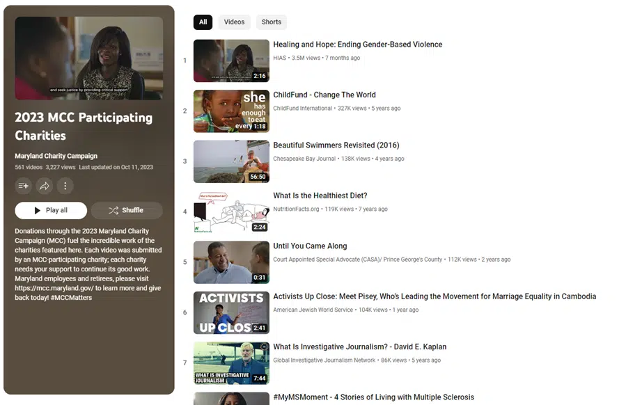 A screenshot of The Maryland Charity Campaign's YouTube playlist of videos showcasing their participating charities