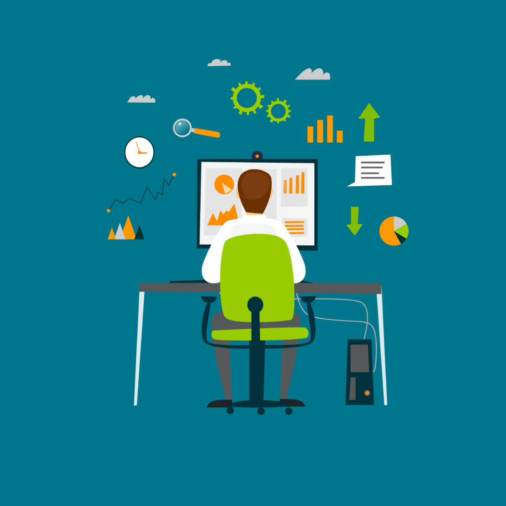 A man on a computer with charts surrounding him