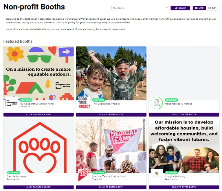 A screenshot of The University of Washington Combined Fund Drive showcasing its participating charities through virtual booths.