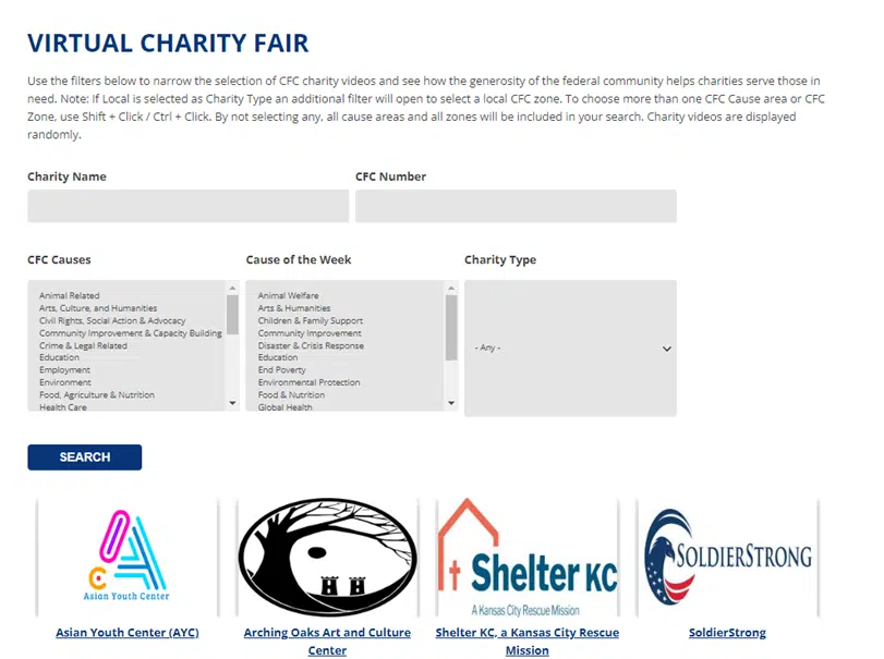 A screenshot of The Combined Federal Campaign (CFC)'s virtual charity fair, providing each participating charity the opportunity to showcase more information, a success story, and a charity video. 