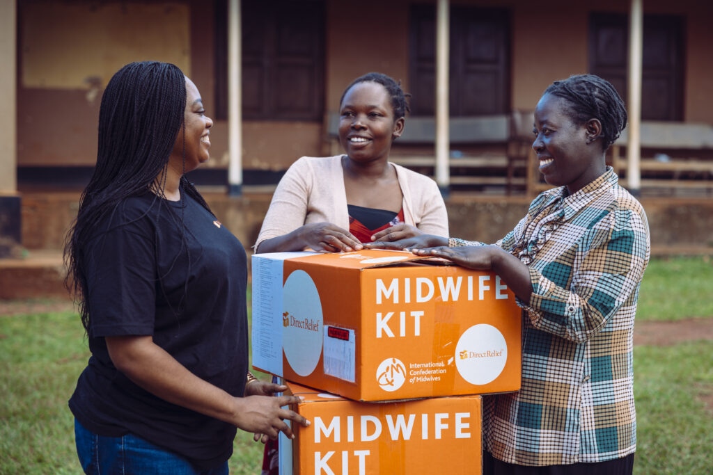 Direct Relief's Jeffrey Samuel and Rita Tshimanga visit Uganda Nurses and Midwife Union in Kampala, Uganda. Shown here is a Direct Relief mid-wife kit
