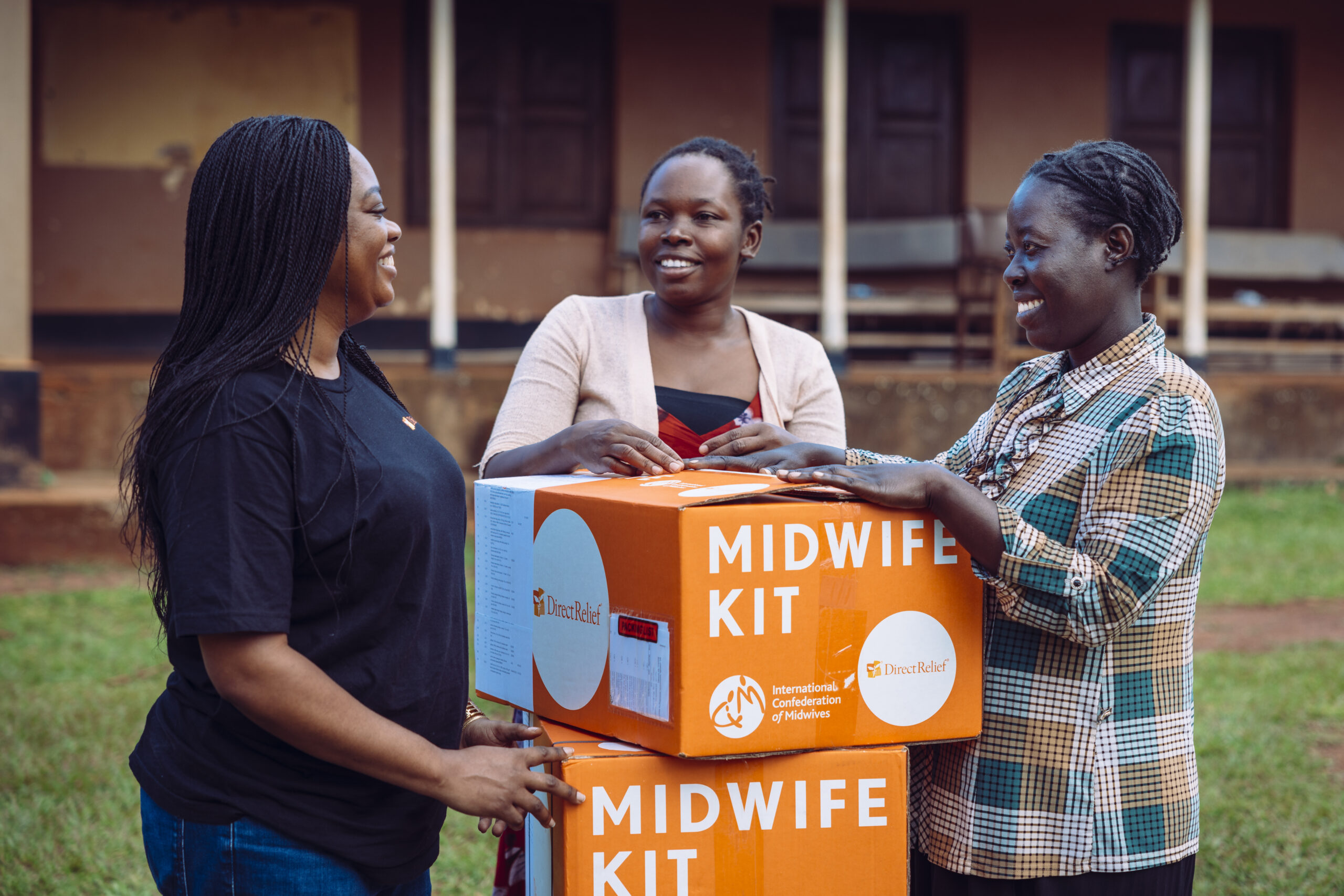 Direct Relief's Jeffrey Samuel and Rita Tshimanga visit Uganda Nurses and Midwife Union in Kampala, Uganda. Shown here is a Direct Relief mid-wife kit
