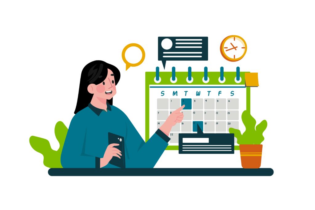 Woman at desk looking at calendar