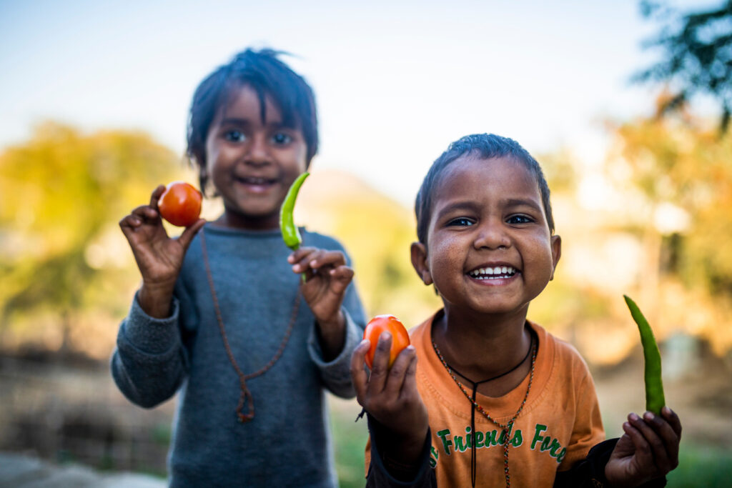 4 years old Lakhan reacts as he plays with his sister at his house in Kundaal, Rajasthan.