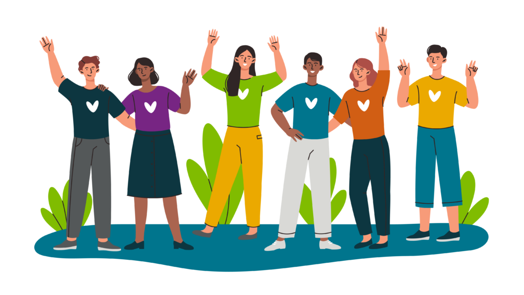 Kind characters stand together, hug and wave their hands.