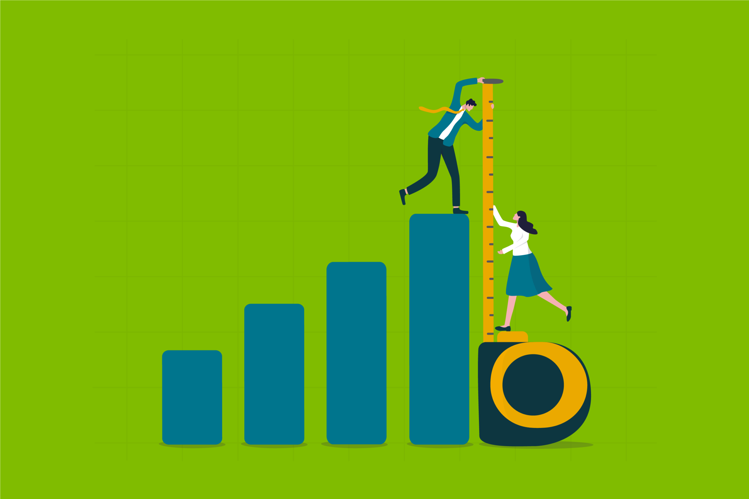 An increasing bar chart and people holding a measuring tape