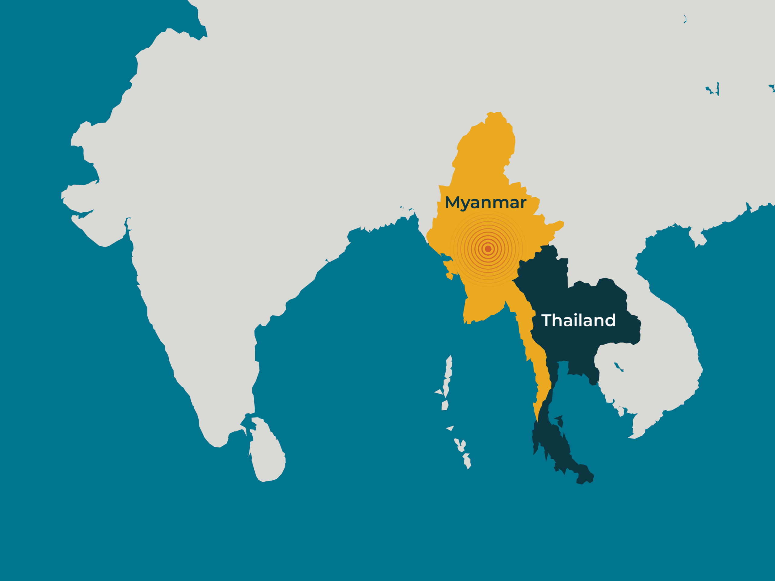 A map with Myanmar and Thailand highlighted, and an earthquake symbol on Myanmar