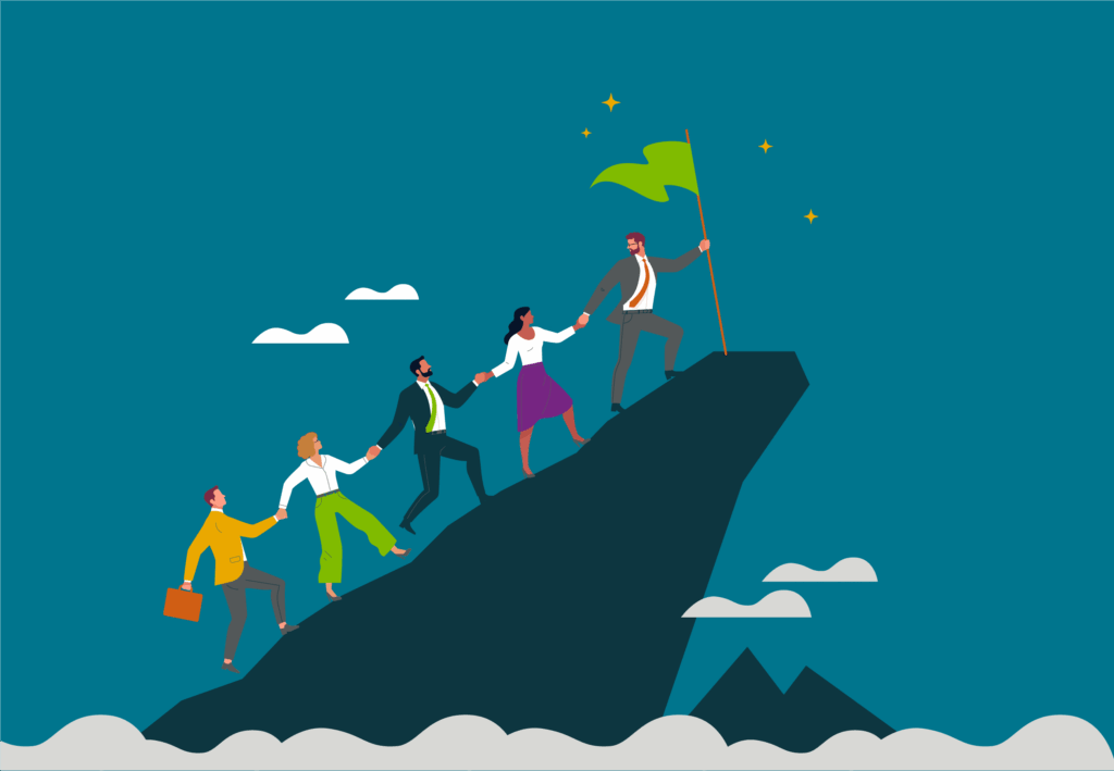 A team of professionals climbing up a mountain together, with a flag at the top of the mountain
