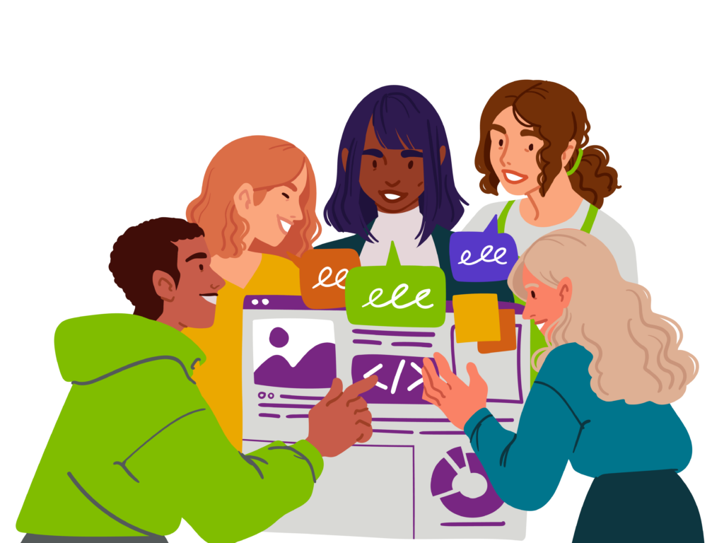 coworkers talking and a website page is displayed