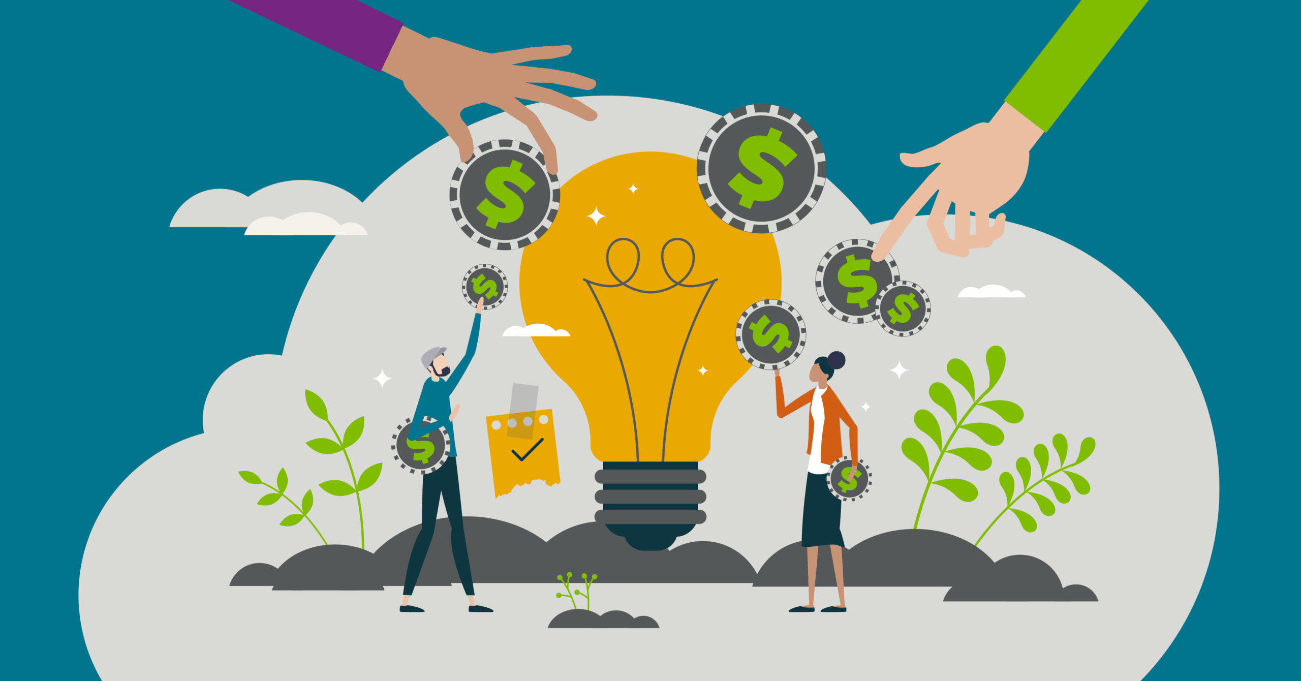 Illustration showing fundraising, symbolized by dollar coins and a glowing lightbulb.