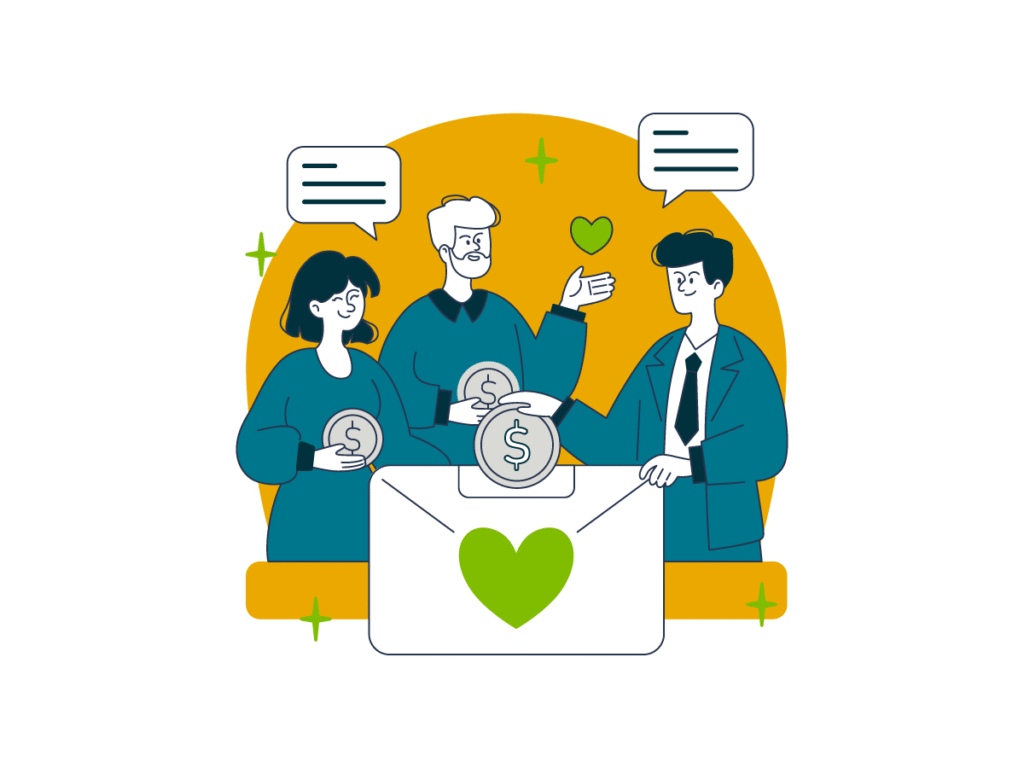 Employees holding coins and placing them into an envelope with a heart on it