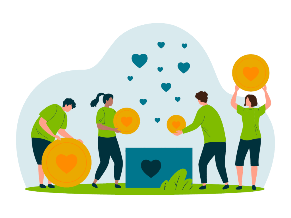 Cartoon people holding coins with hearts on them.