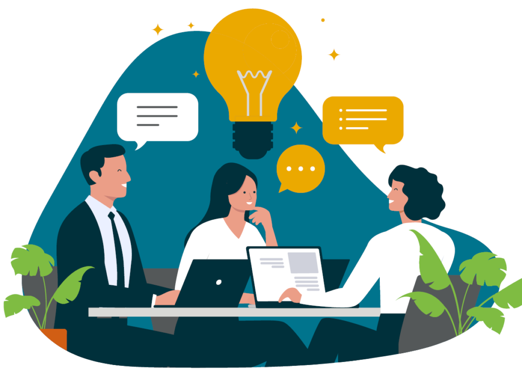 Three professionals talking with a lightbulb above them