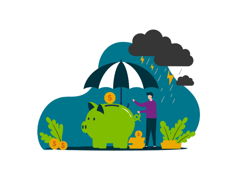 Person holding an umbrella over a piggybank, covering it from a storm