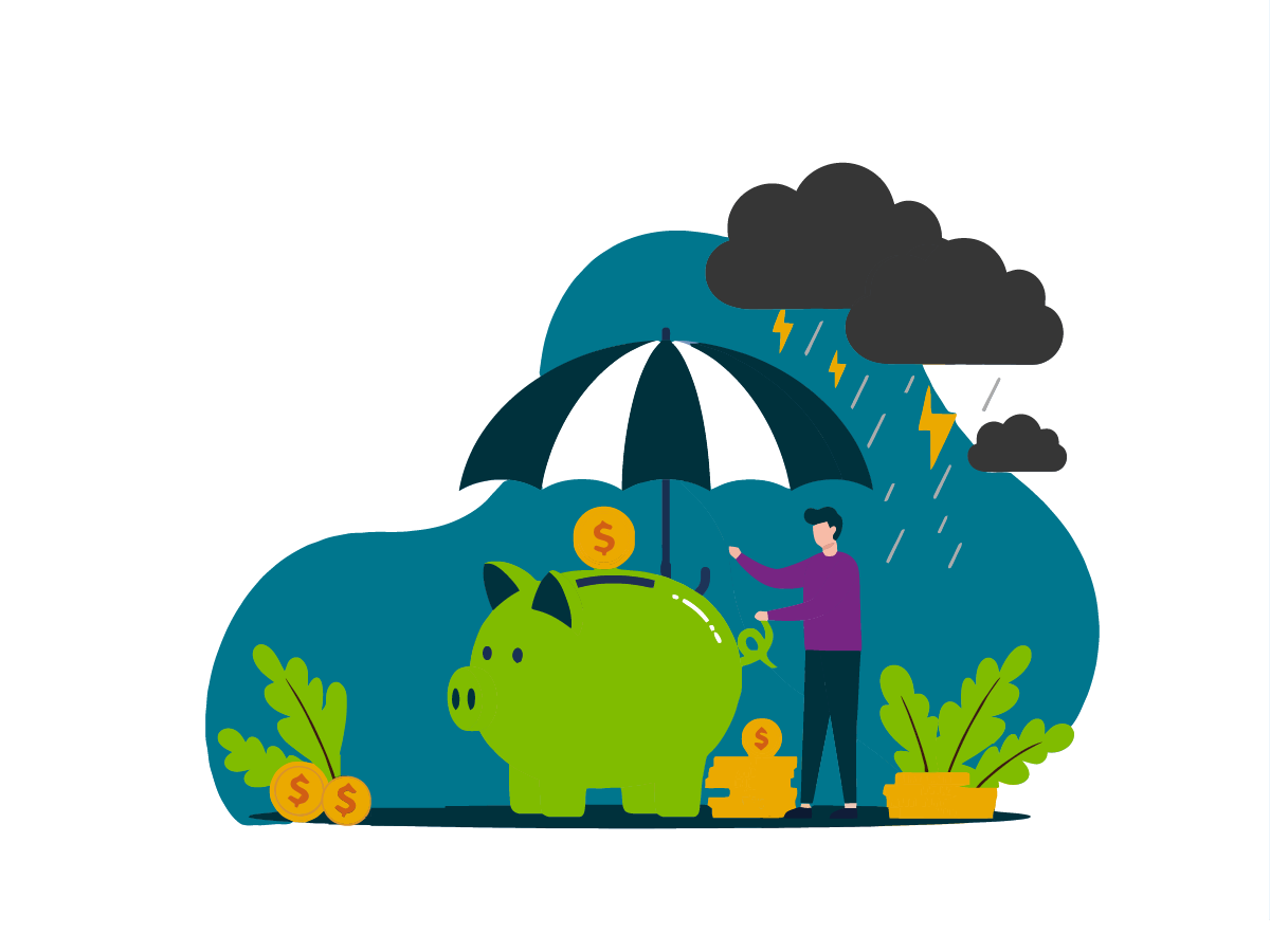 Person holding an umbrella over a piggybank, covering it from a storm