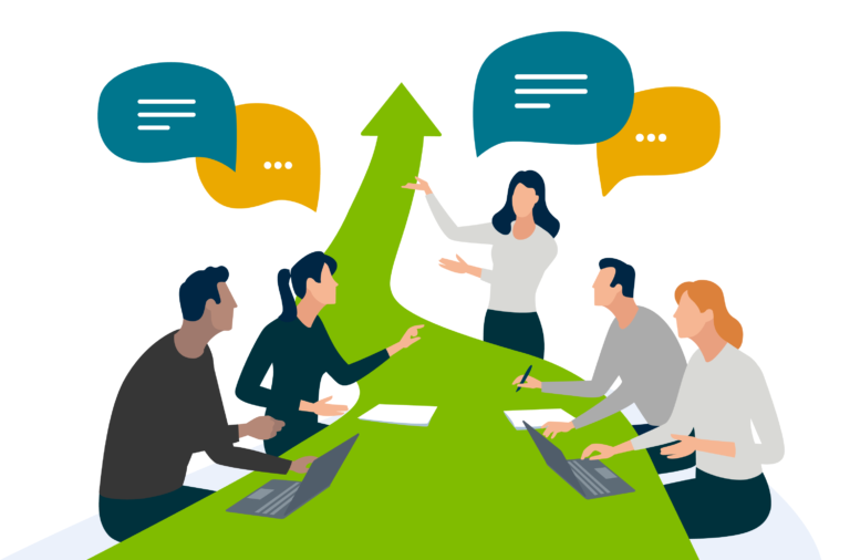 Cartoon of colleagues with speech bubbles and an upward arrow as the table