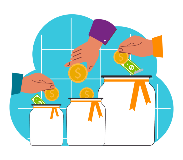 Hands putting money into three jars