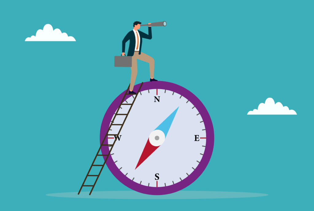 Cartoon person standing on top of compass with binoculars