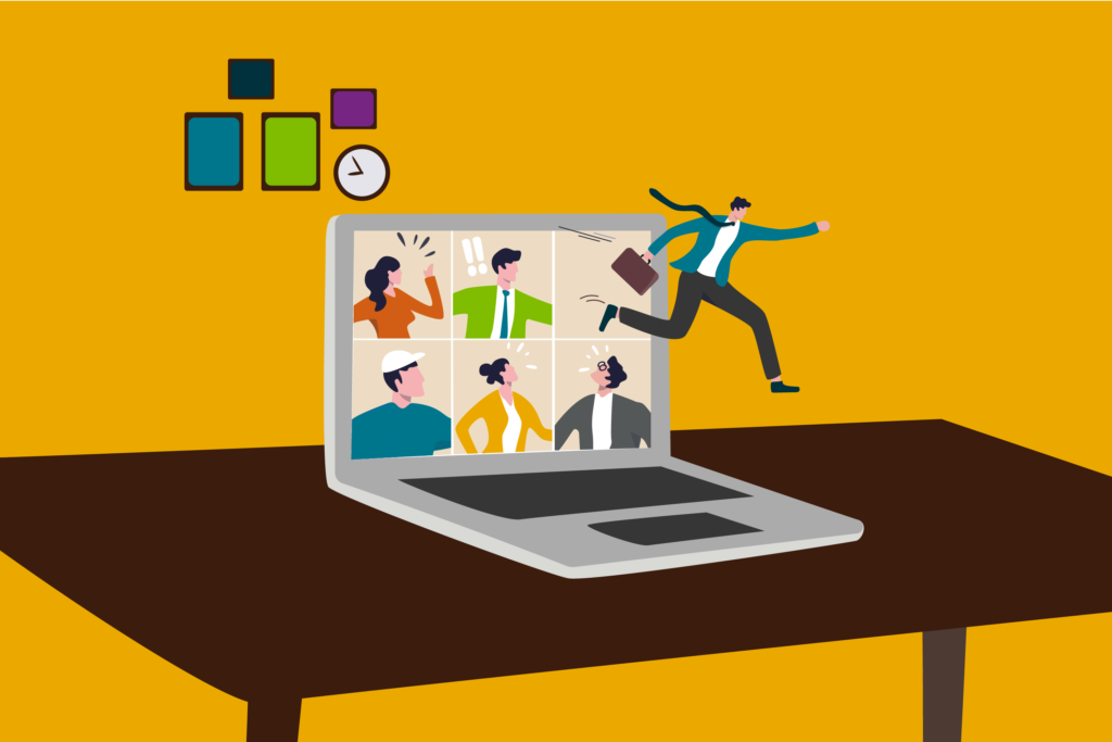 Colleagues in a meeting on laptop with one person leaping out of computer